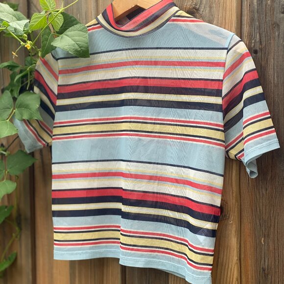 Urban Outfitters Striped Sheer Mesh Funnel Neck Top Size M - Picture 2 of 11